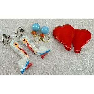 Vtg Clip On Earrings Set Pelican Heart Blue Bead Retro Jewelry Y2K Mixed Lot
